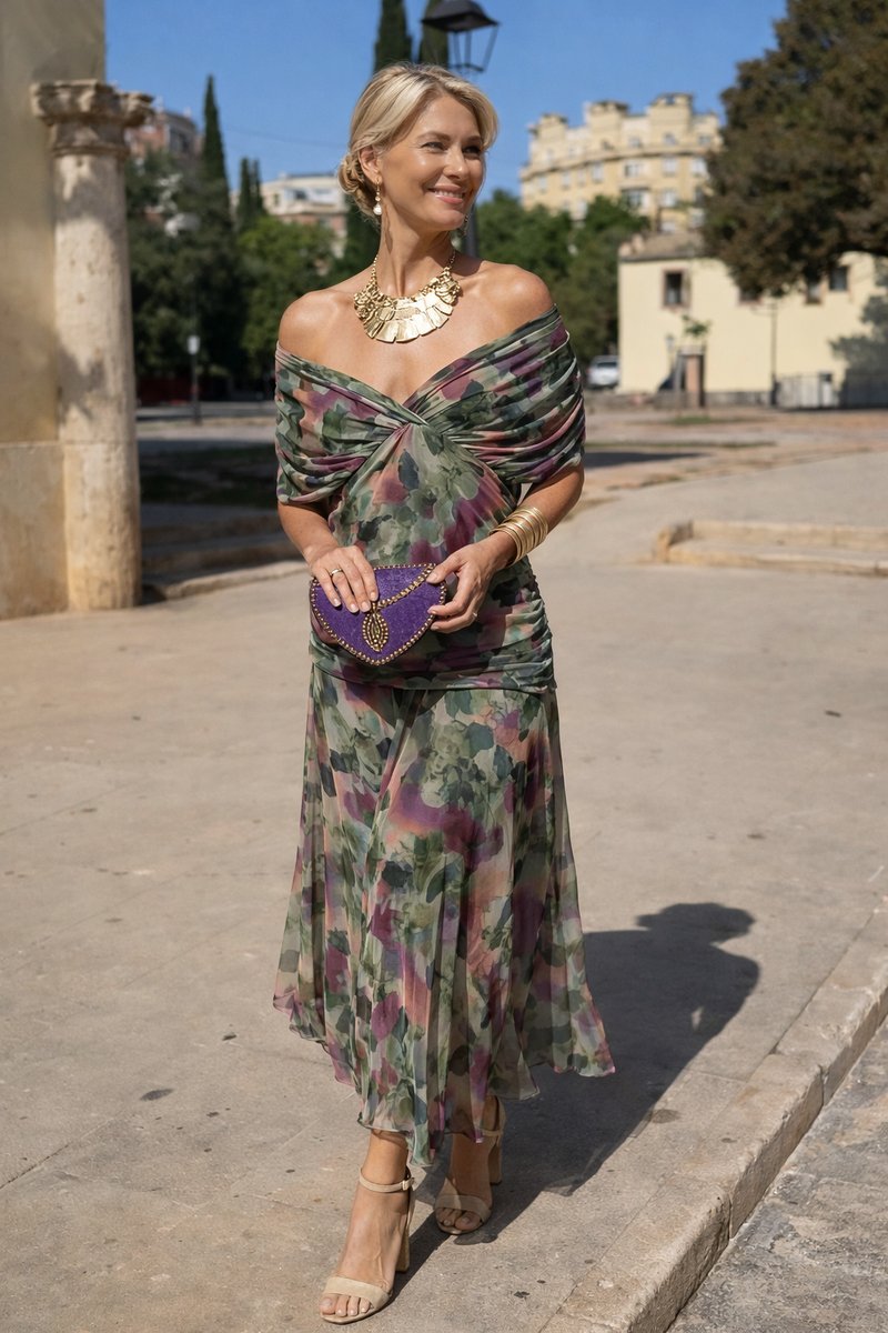 Women's V-Neck Chiffon Cocktail Party Flowy Maxi Dress