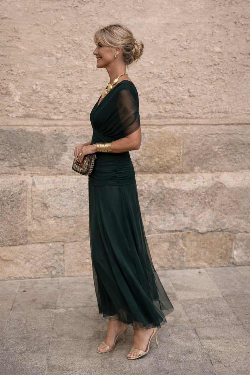 Women's V-Neck Chiffon Cocktail Party Flowy Maxi Dress