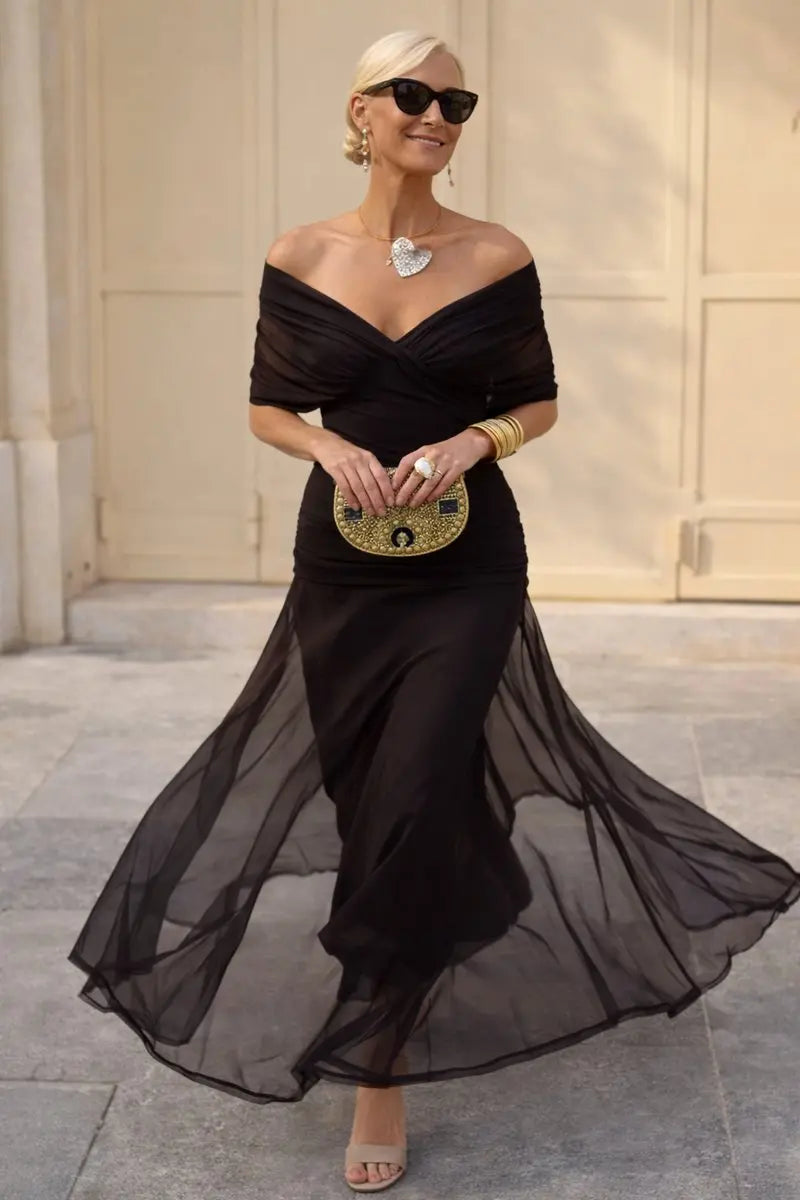 Women's V-Neck Chiffon Maxi Cocktail Party Dress with Ruched Waist