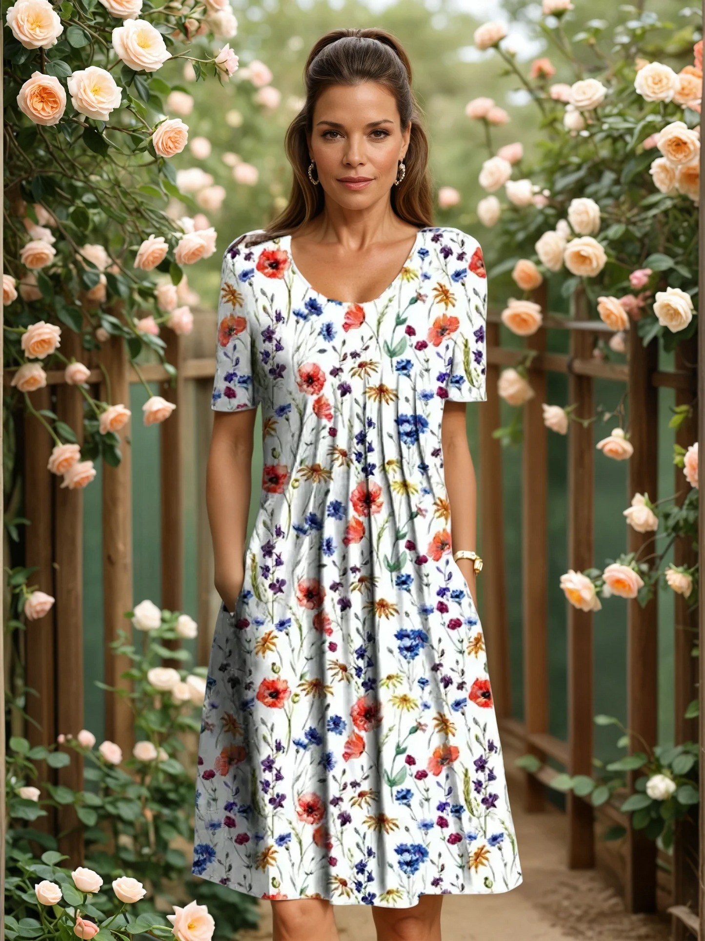 Women's V-Neck Floral A-Line Midi Dress
