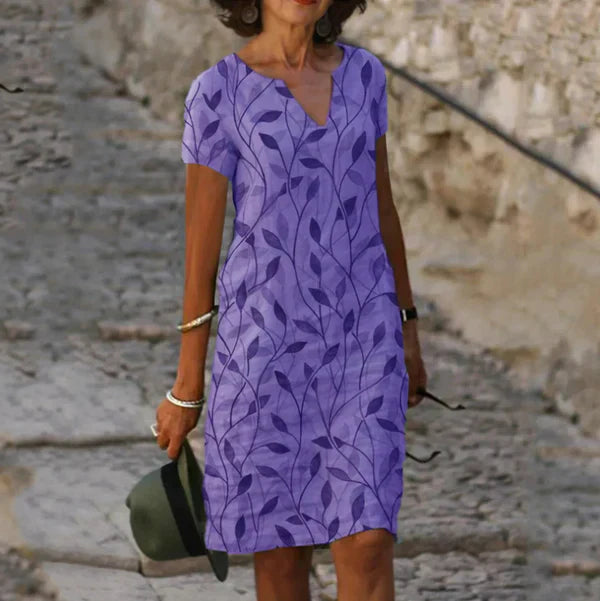 Women's V-Neck Leaf Print A-Line Knee-Length Dress