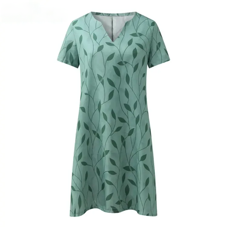 Women's V-Neck Leaf Print A-Line Knee-Length Dress