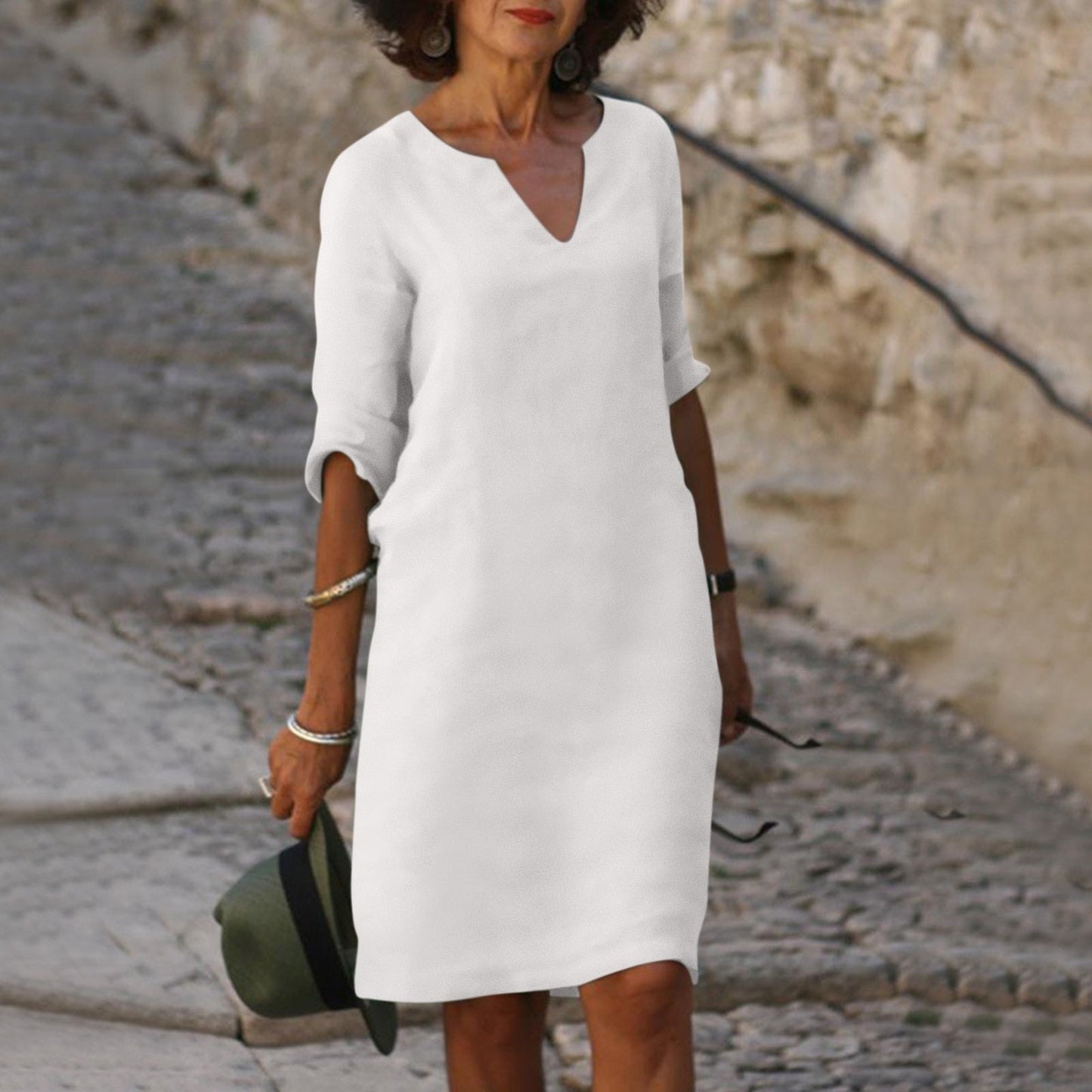 Women's V-Neck Linen Summer Midi Dress