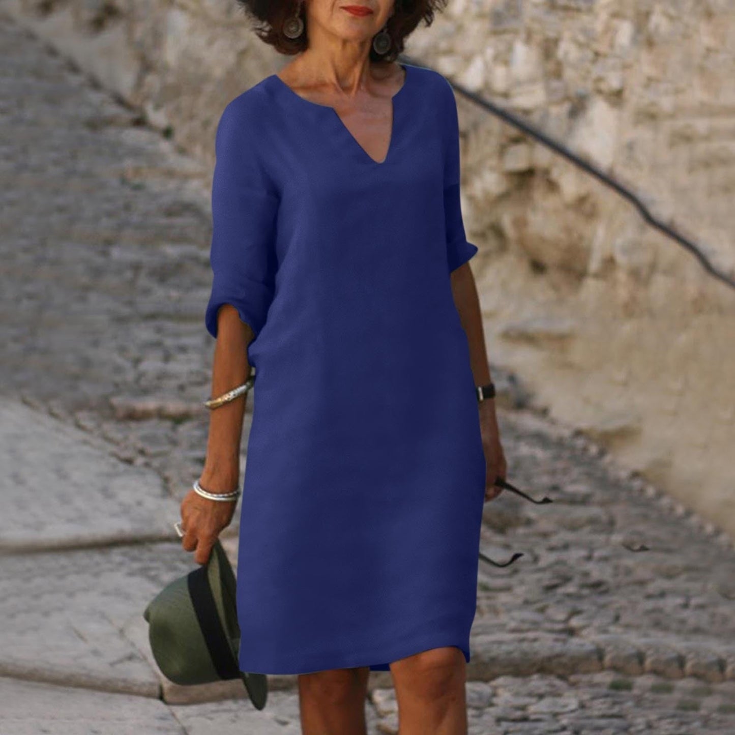 Women's V-Neck Linen Summer Midi Dress