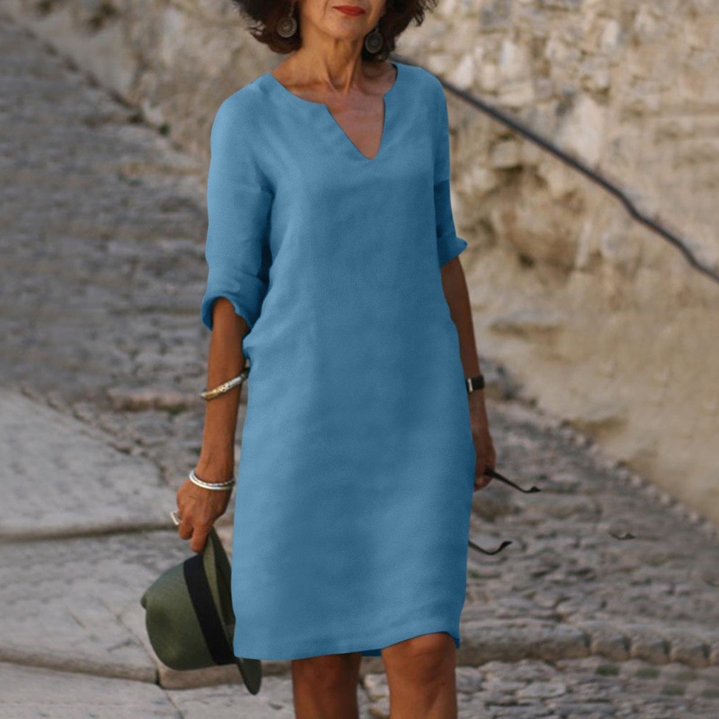 Women's V-Neck Linen Summer Midi Dress