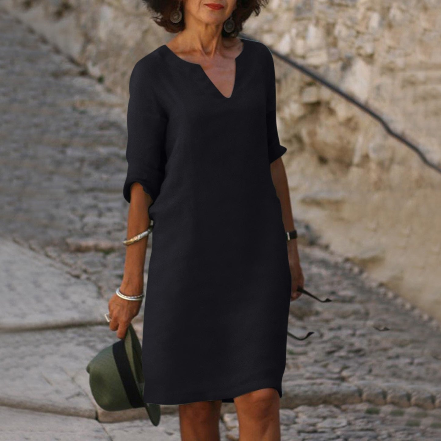 Women's V-Neck Linen Summer Midi Dress
