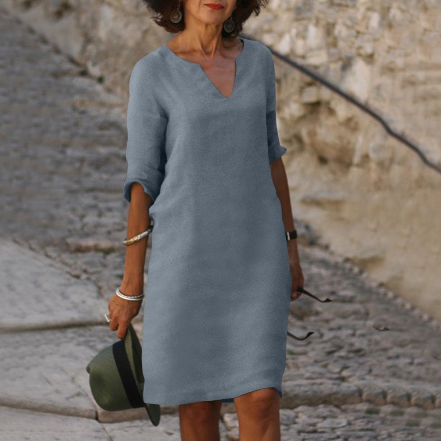 Women's V-Neck Linen Summer Midi Dress
