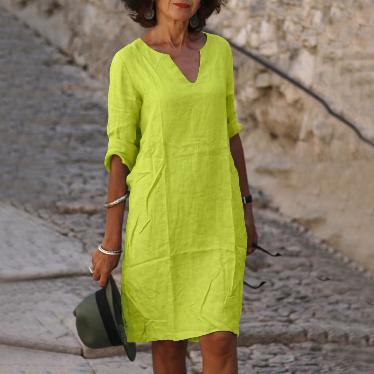 Women's V-Neck Linen Summer Midi Dress