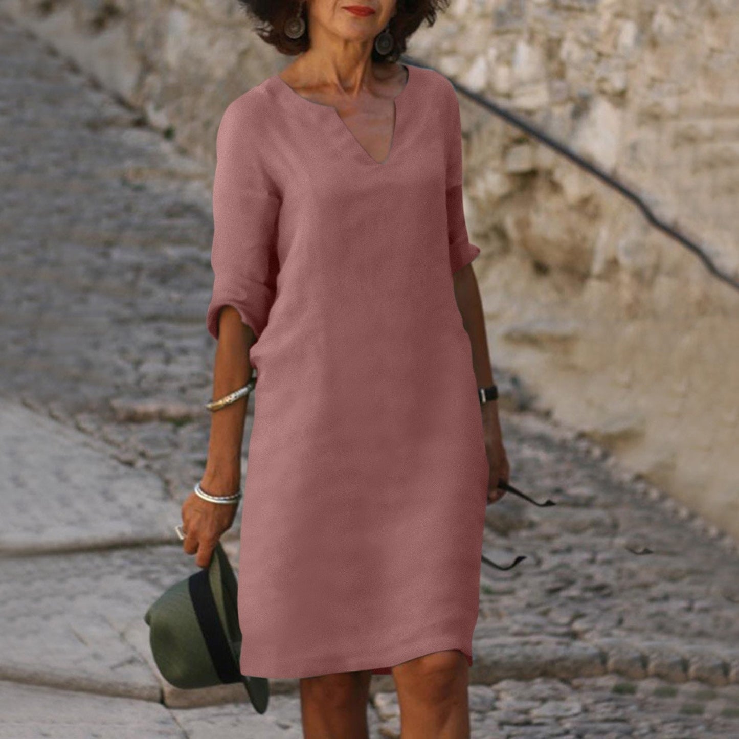 Women's V-Neck Linen Summer Midi Dress