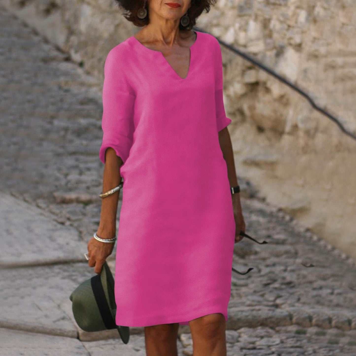 Women's V-Neck Linen Summer Midi Dress