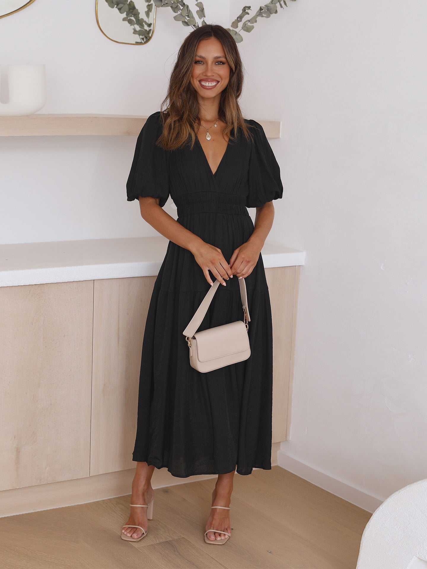 Women's V-Neck Puff Sleeve Midi Dress
