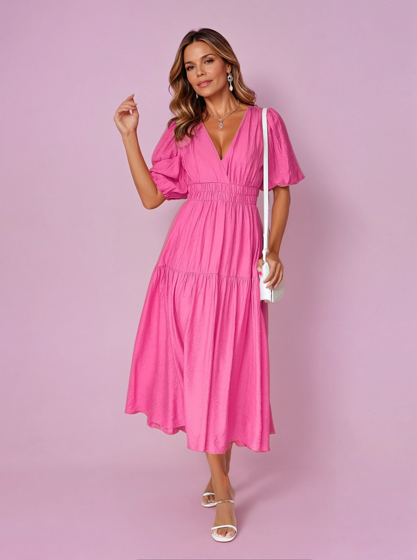 Women's V-Neck Puff Sleeve Midi Dress