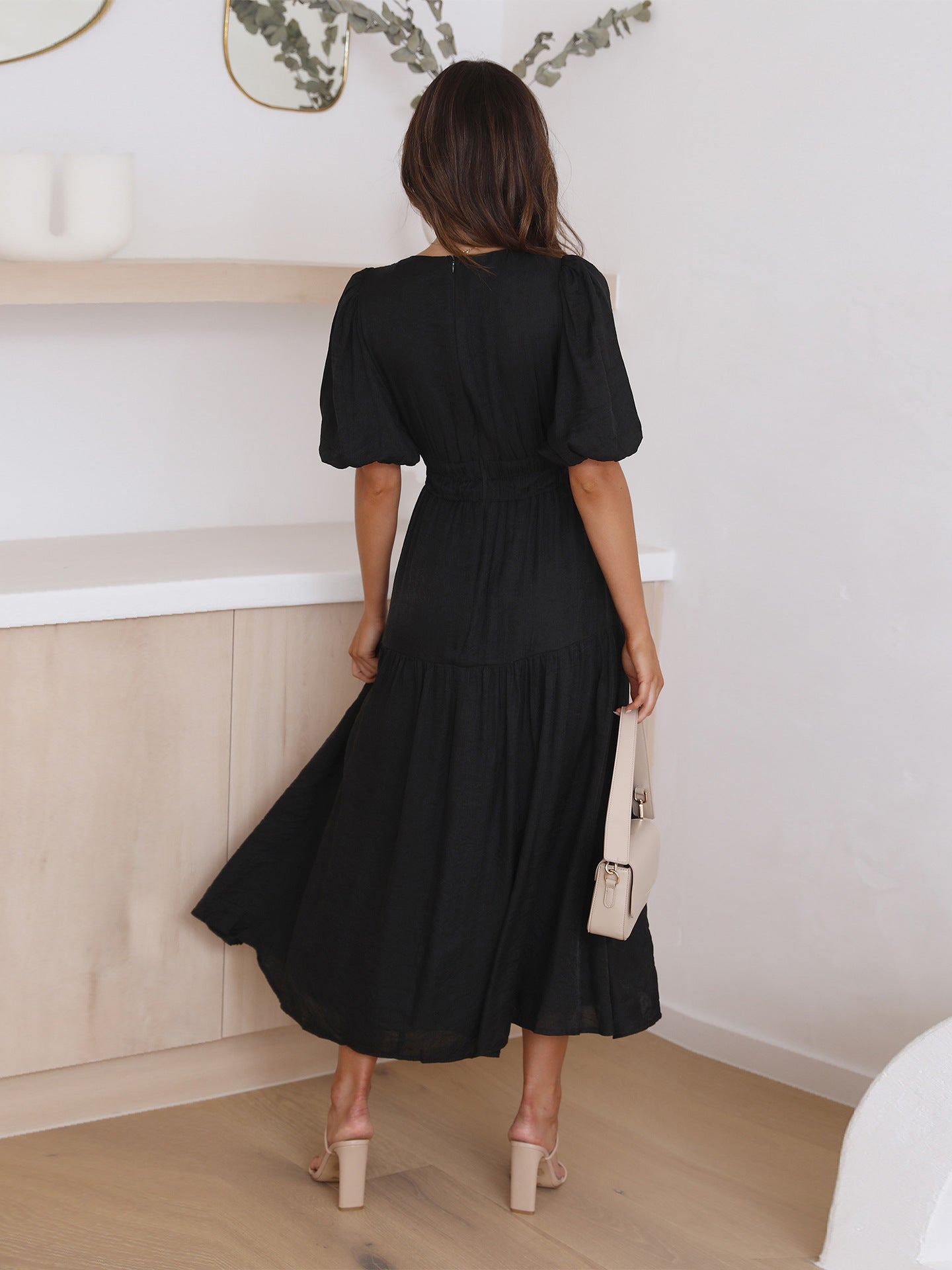 Women's V-Neck Puff Sleeve Midi Dress