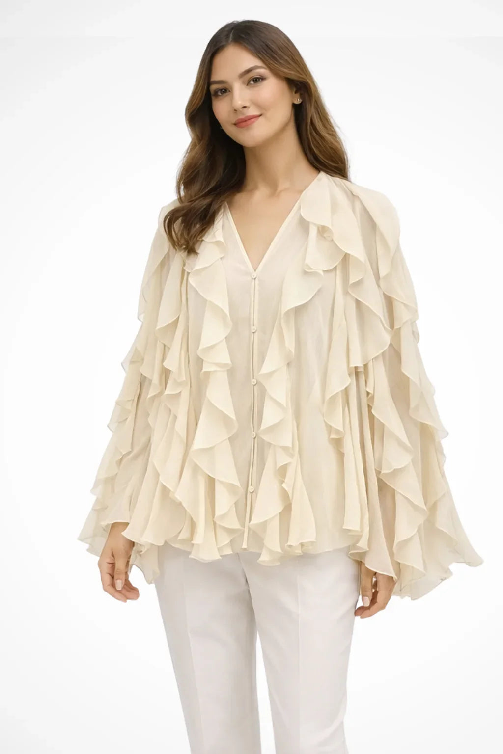 Women's V-Neck Ruffle Button-Up Long Sleeve Blouse