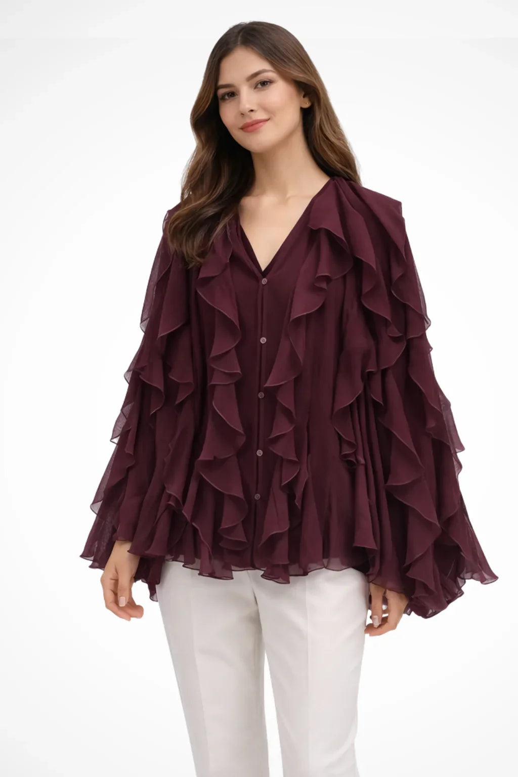Women's V-Neck Ruffle Button-Up Long Sleeve Blouse