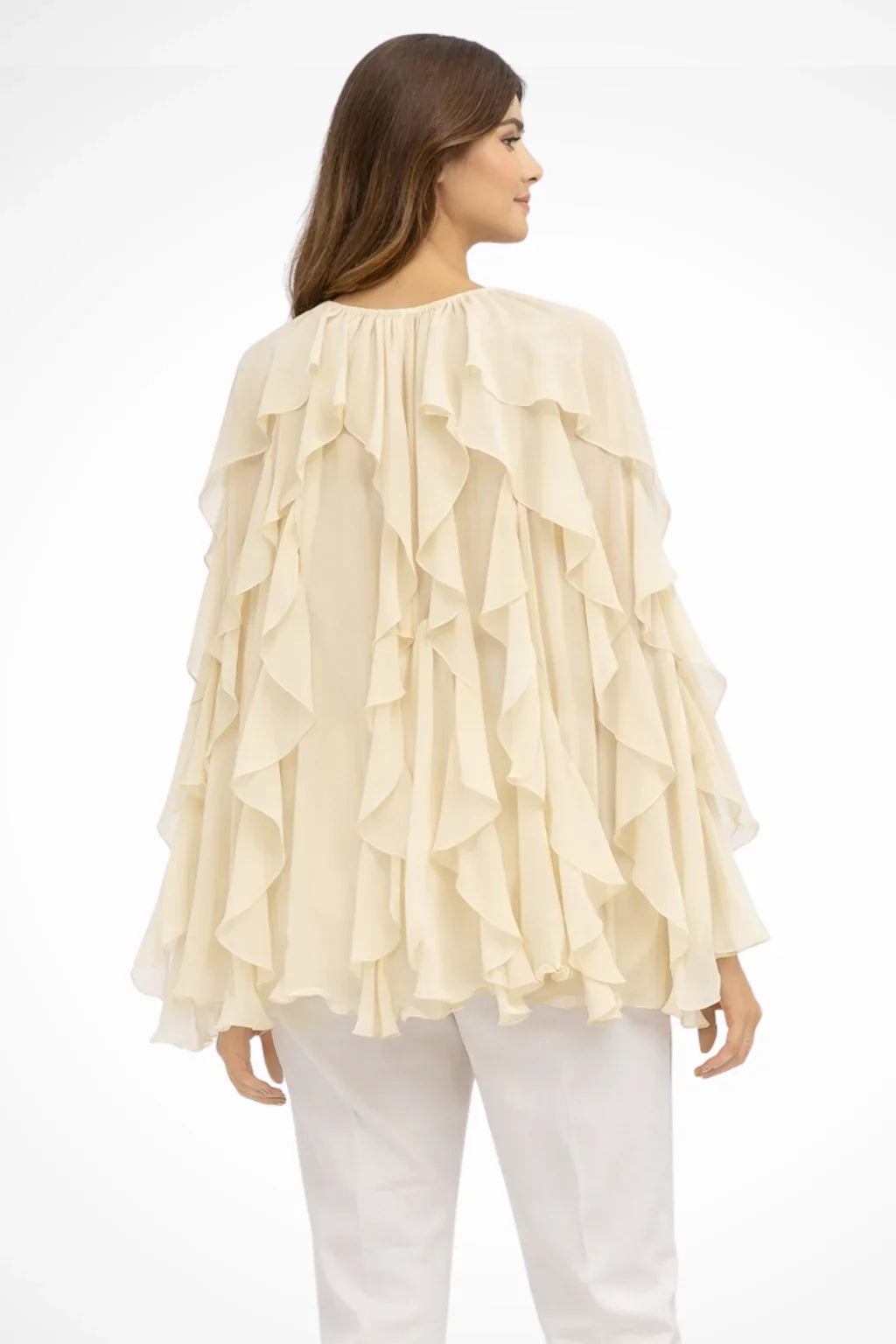 Women's V-Neck Ruffle Button-Up Long Sleeve Blouse
