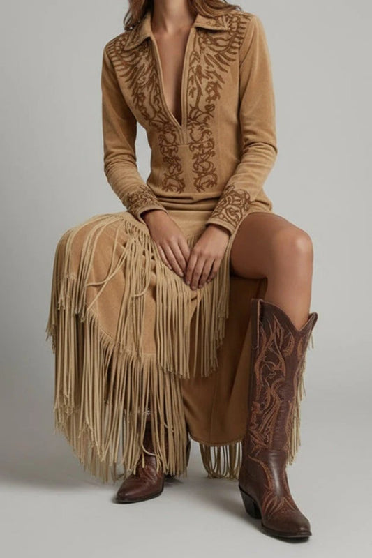 Women's Western Fringed Long-Sleeve Maxi Evening Dress