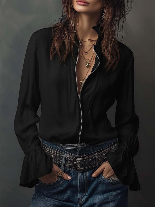 Women's White Zip-Front Blouse with Bell Cuffs