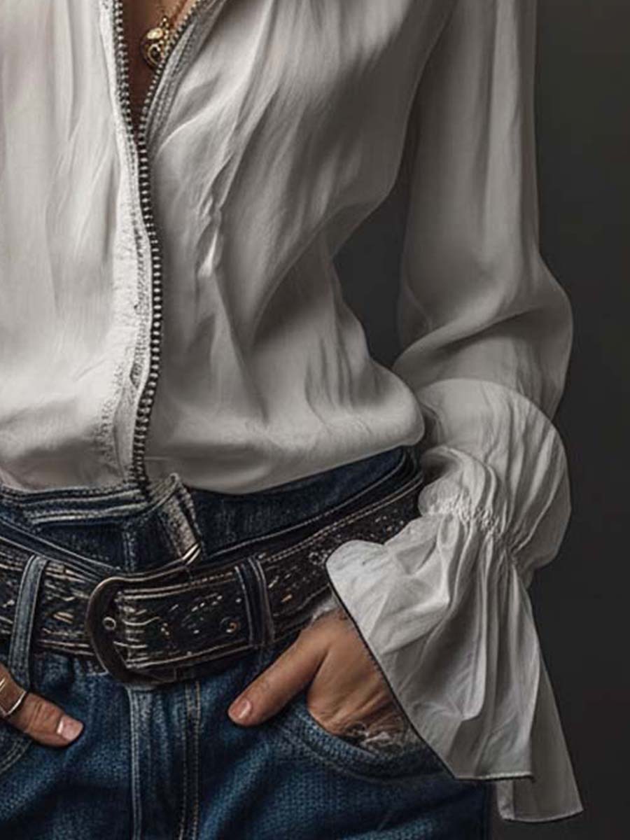 Women's White Zip-Front Blouse with Bell Cuffs