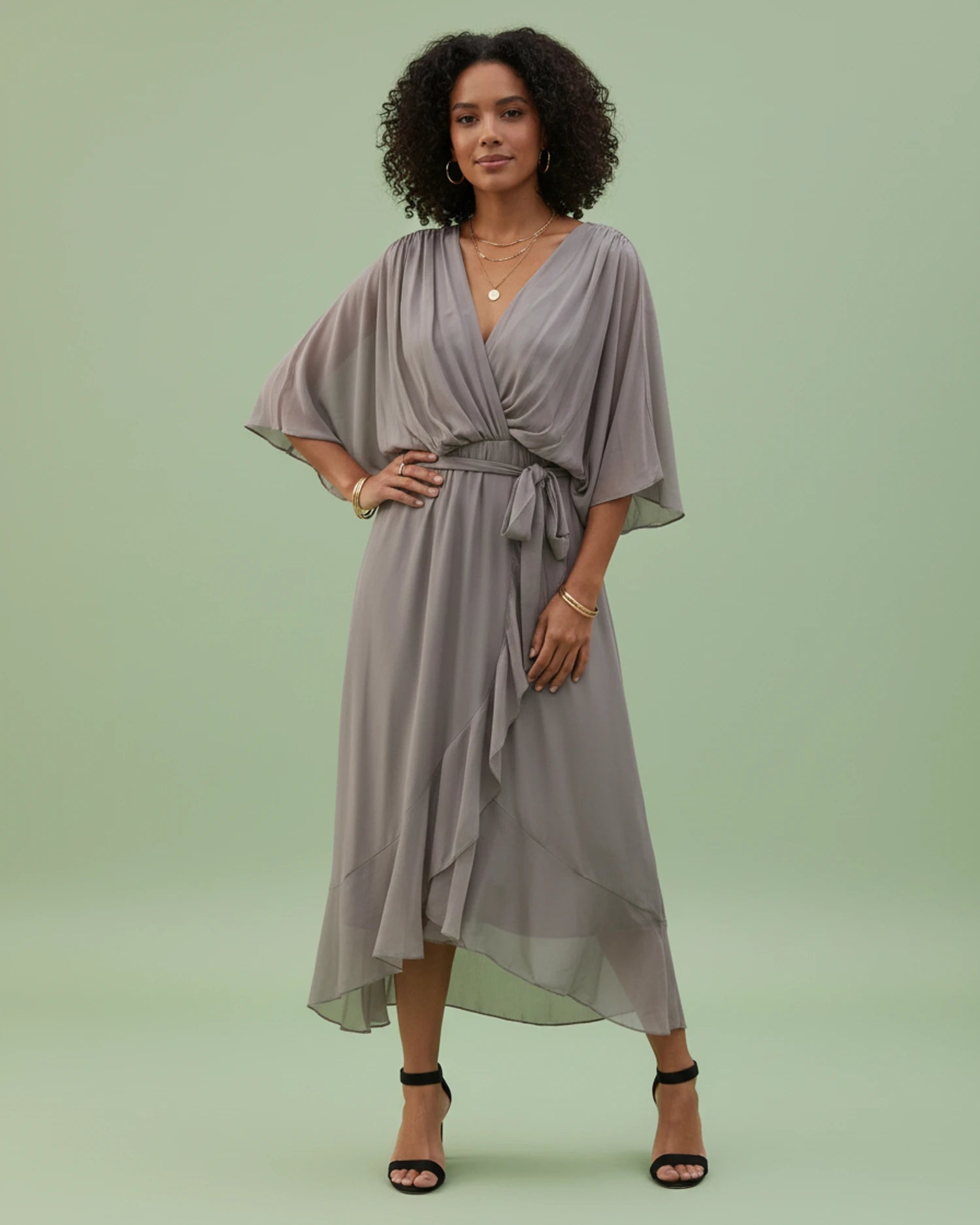Women's V-Neck Wrap Midi Dress image