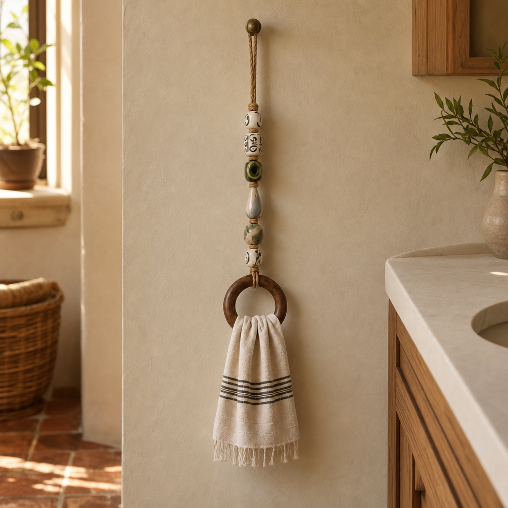 Wood-Look Ring Bead-Accent Towel Holder