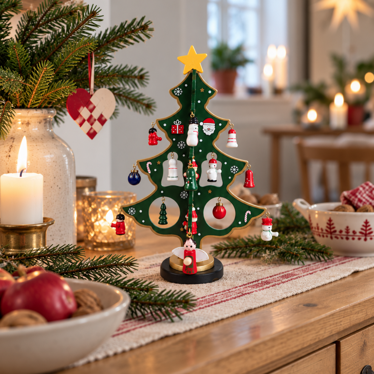 Wooden Christmas Trees – Each with 20 Hand-Painted Figurines, Red or Green
