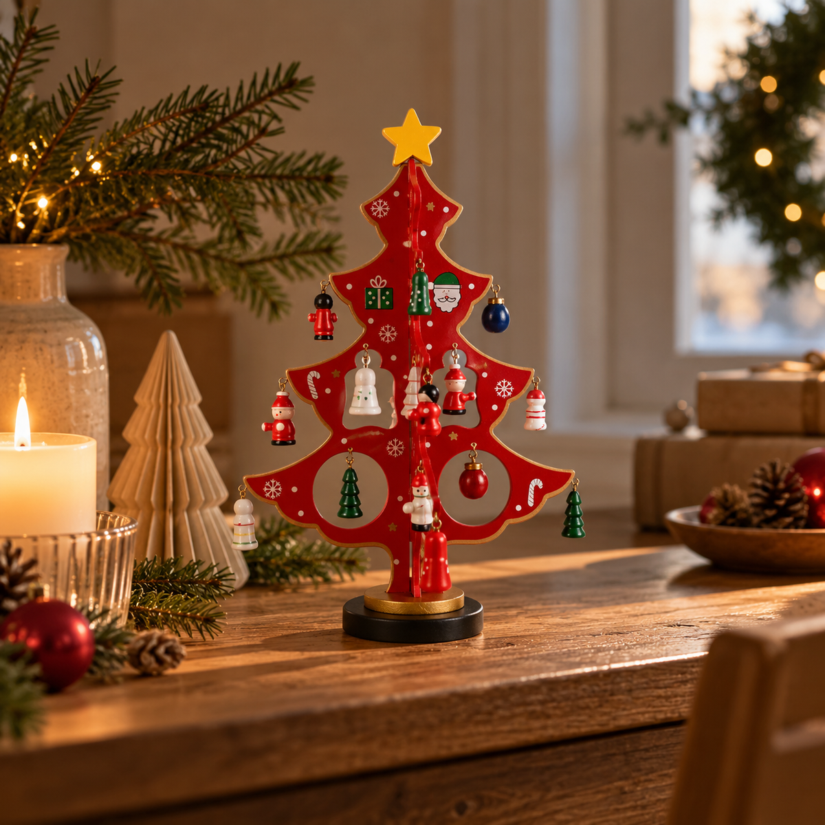Wooden Christmas Trees – Each with 20 Hand-Painted Figurines, Red or Green