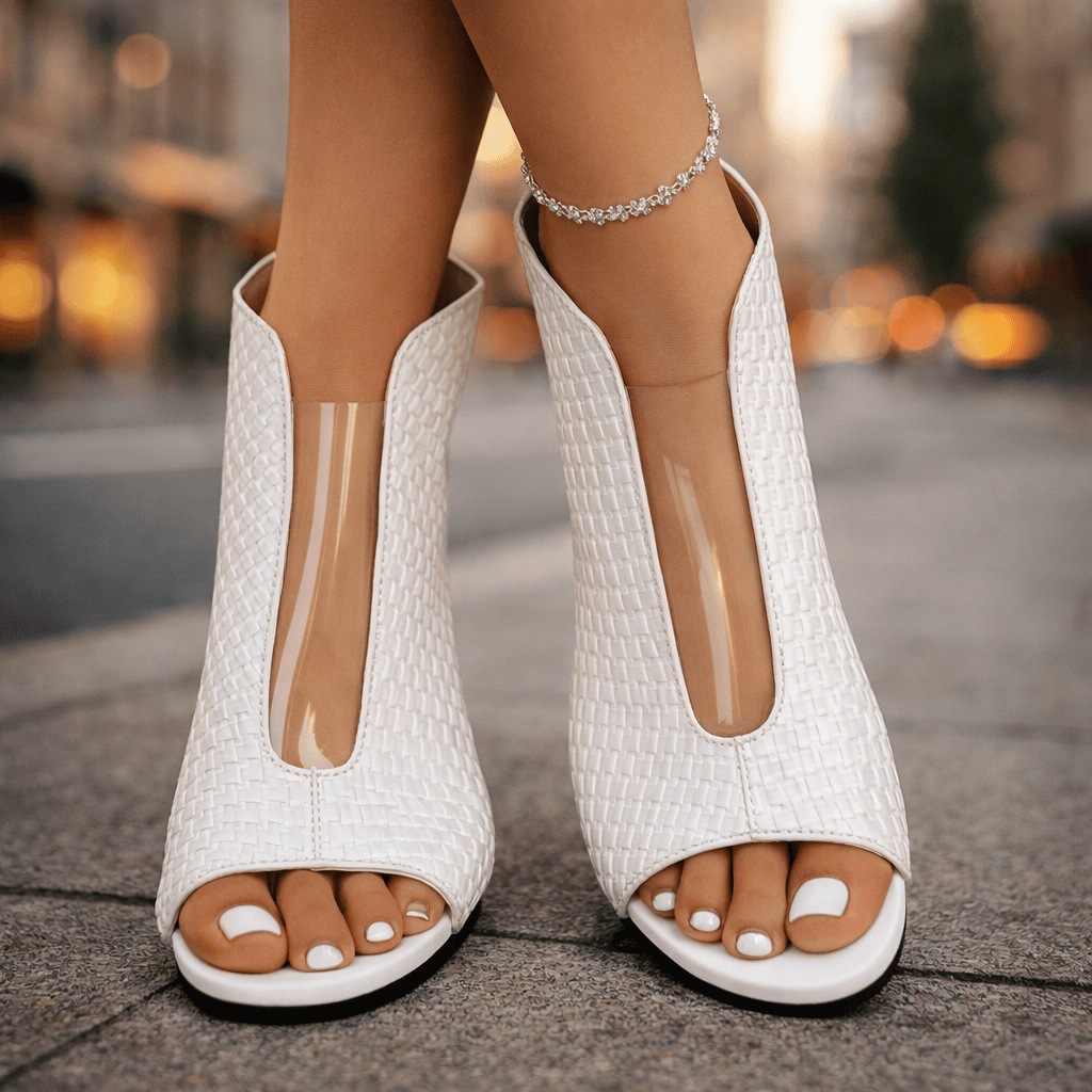 Woven Sculpted Heel Sandals with Cutout and Ankle Strap