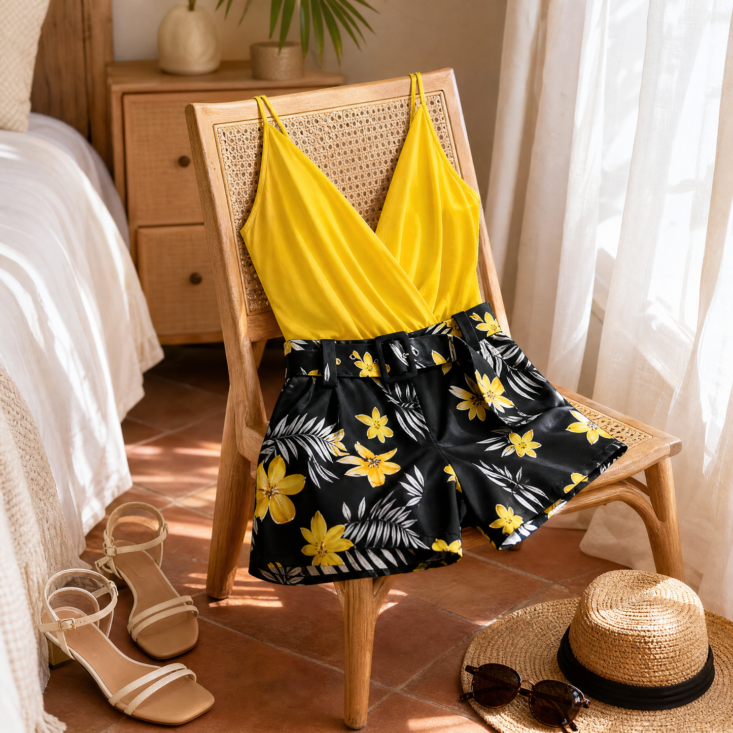 Wrap V-Neck Summer Set with Floral Shorts